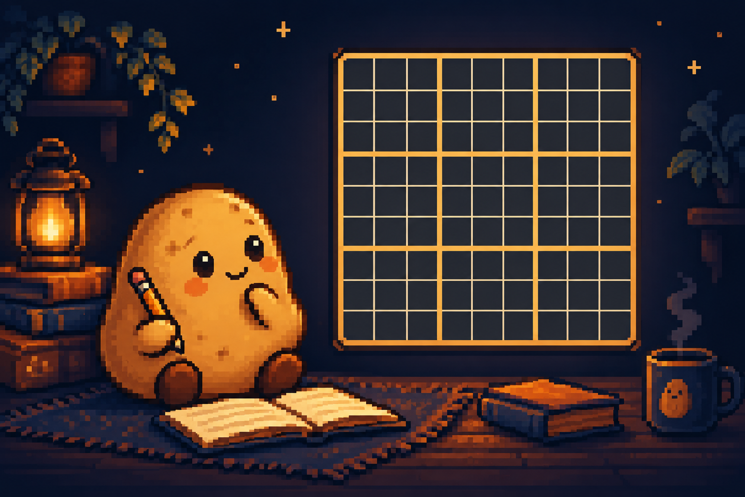 ノートを開き、数独の盤面を見ながら考えるじゃがいものイラスト
