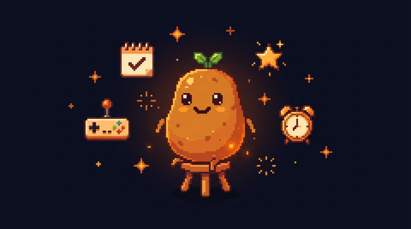 じゃがいもキャラクターとゲーム・ツールのアイコンが並ぶピクセルアートのイラスト