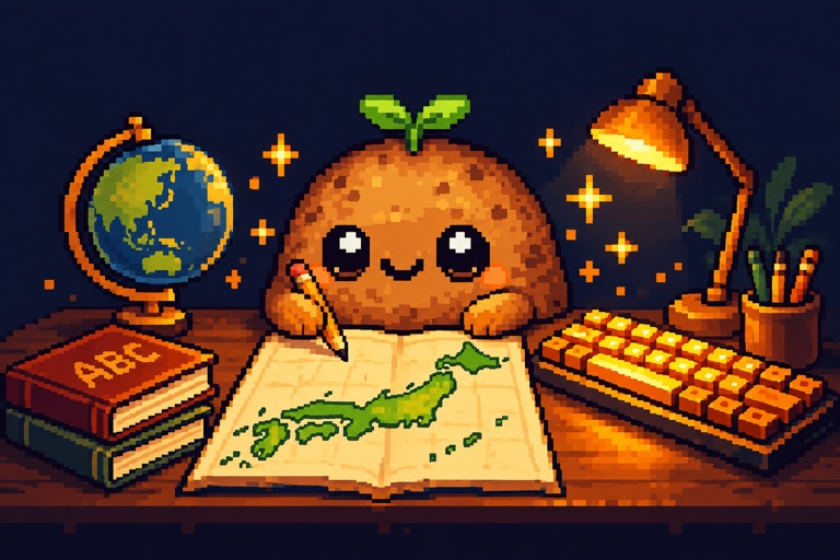 地球儀と日本地図を見ながらタイピングするドット絵のじゃがいも